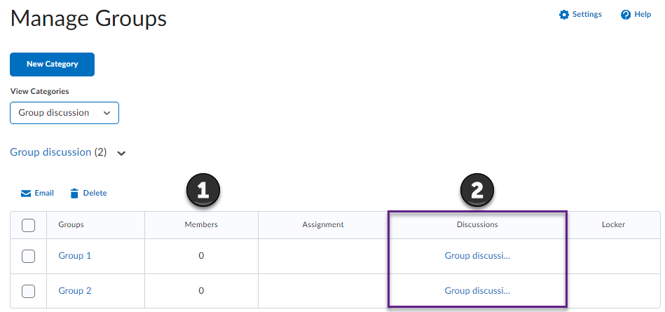 Manage groups area showing new category and groups